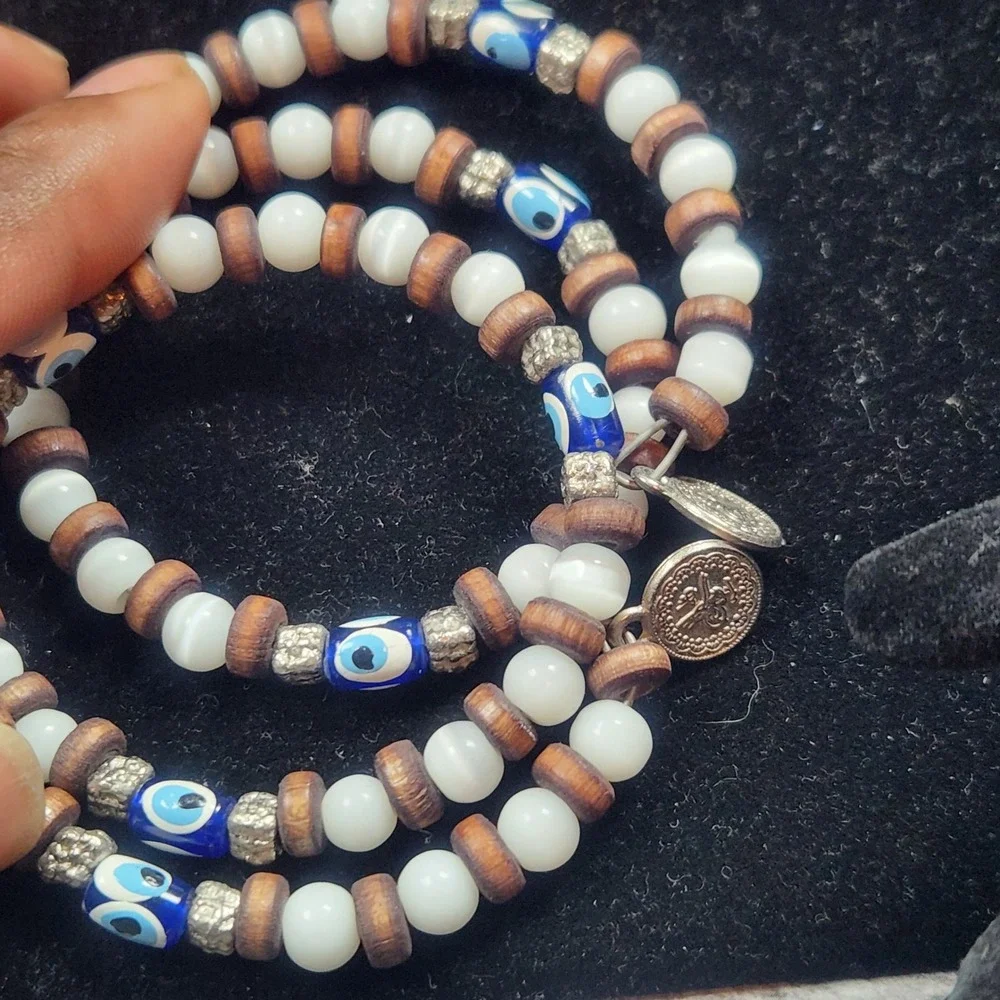 Evil Eye Wood Bead Wrap Bracelet Triple Strand Boho Protection Charm Blue White